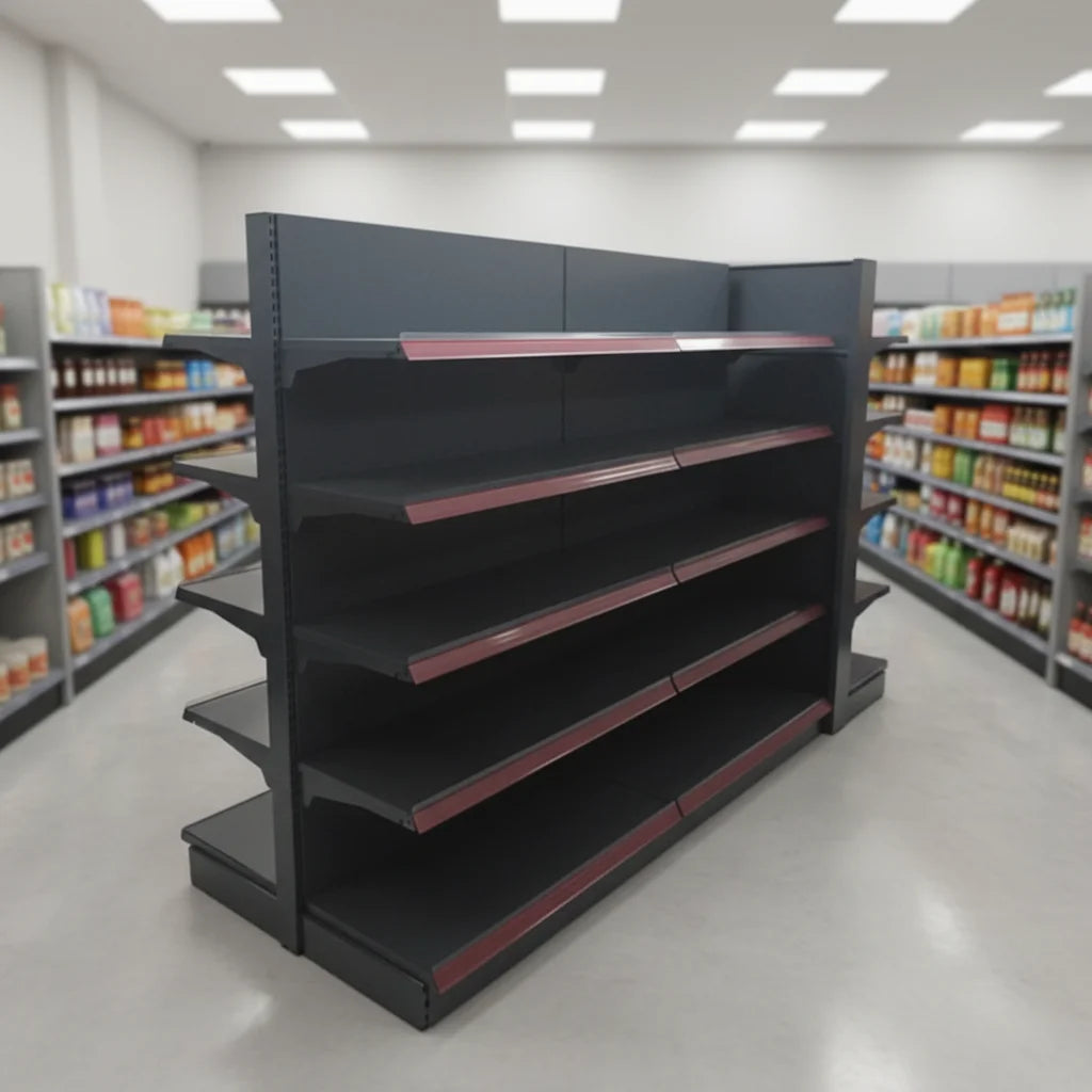 Heavy Duty Metallic Grey Gondola Supermarket Display Rack Solid Shelves Epoxy Powder Coating Quick Installation for Convenience