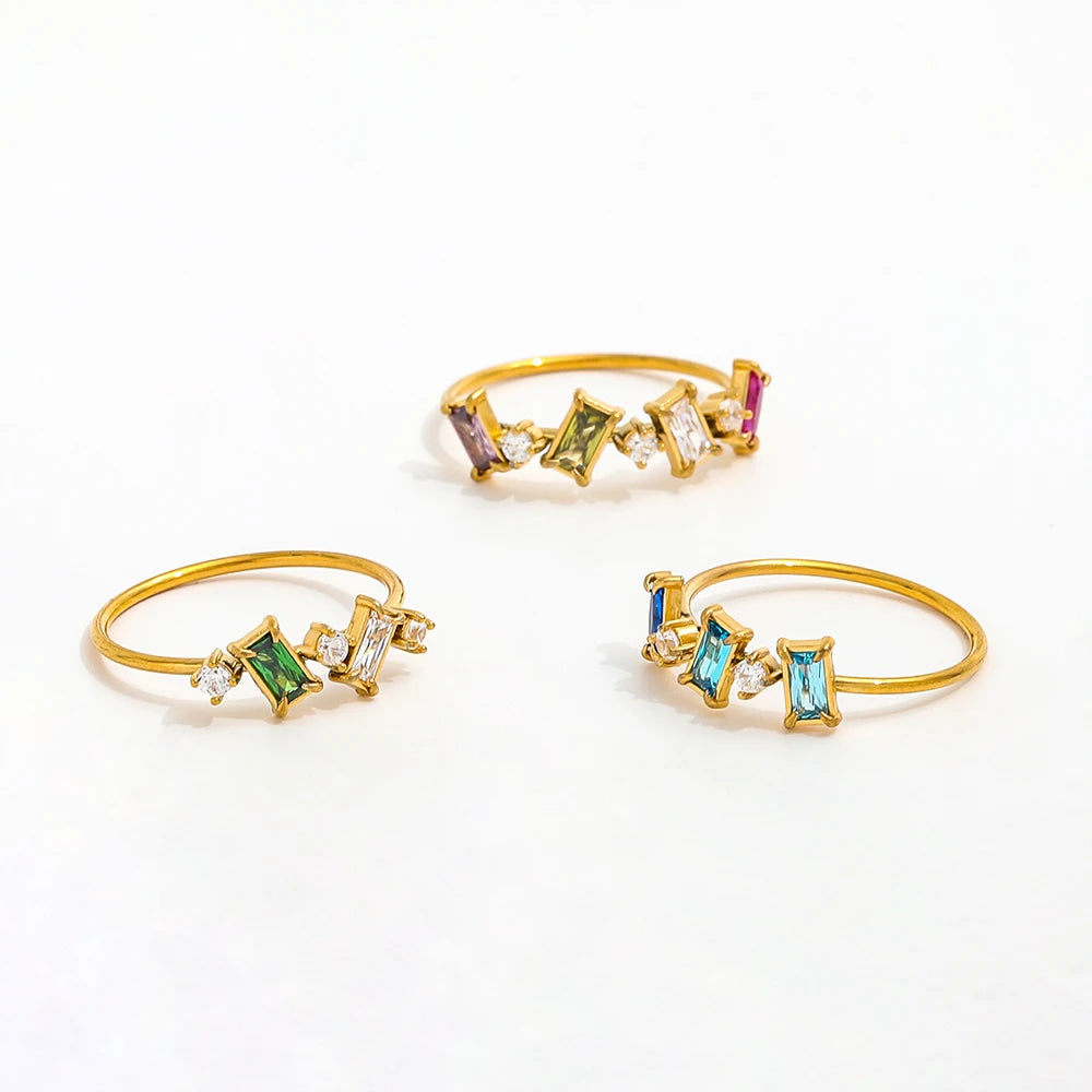 Joolim Women's Dainty Colorful Round Rectangle Zirconia Ring 18K Gold Plated Stainless Steel Jewelry Wholesale Non-Tarnish Rings