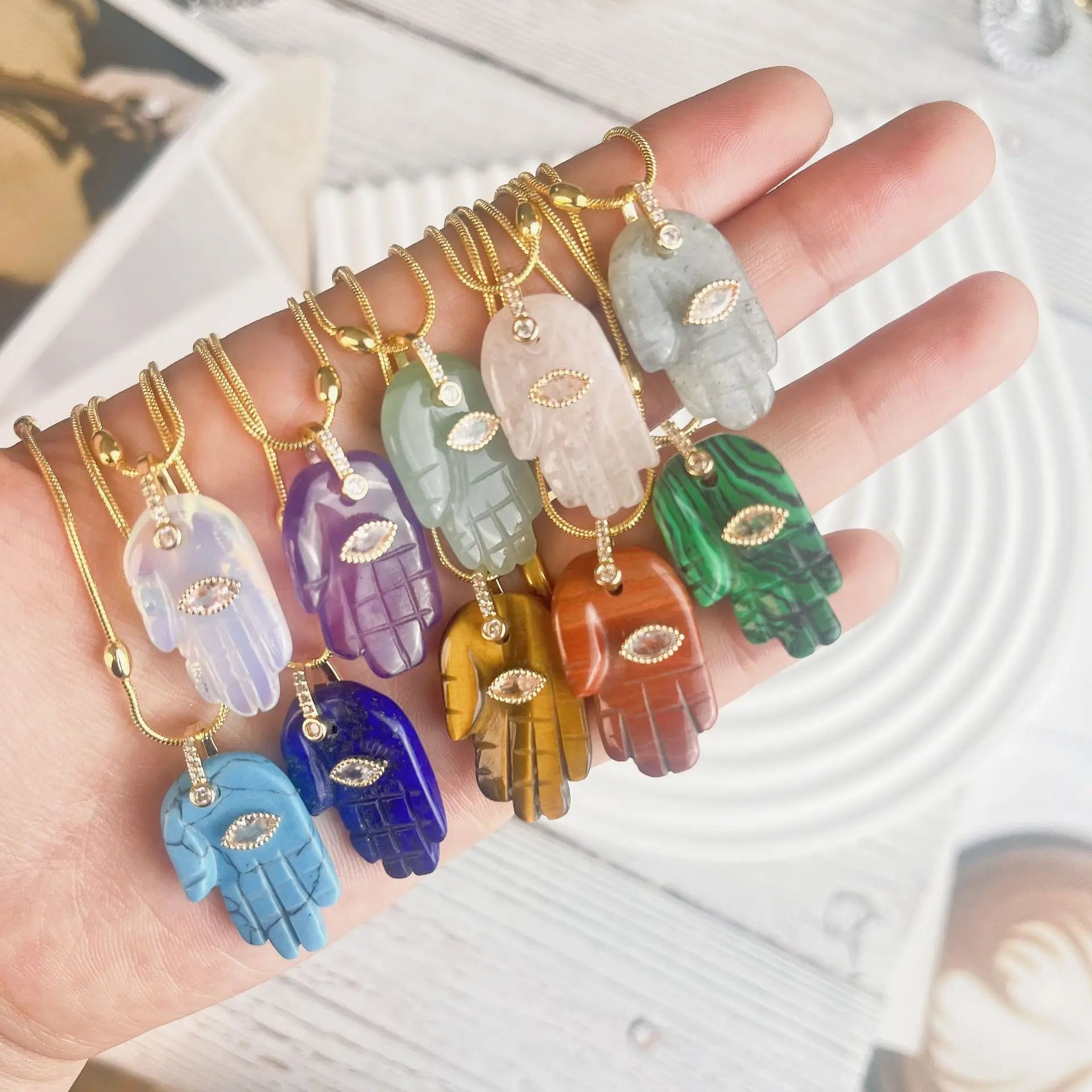 Trendy Natural Crystal Gemstone Birthstone Pendant Engraved Hand Eye Necklace with Beads Chain Zinc Alloy for Anniversary