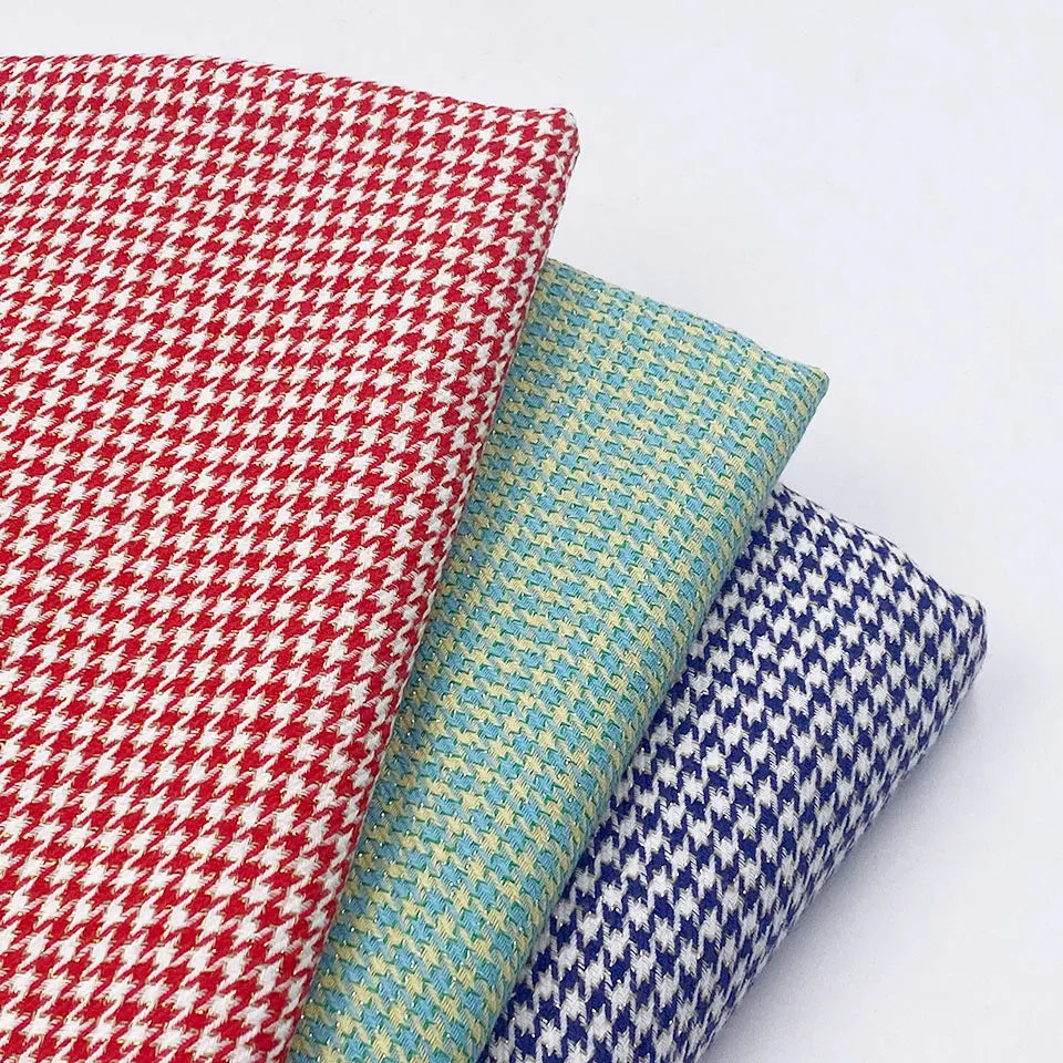 Fancy Shiny Silver Yarn Dyed Red Green Blue 95% Cotton 5% Lurex Houndstooth Flannel Fabric for Fashion Shirt