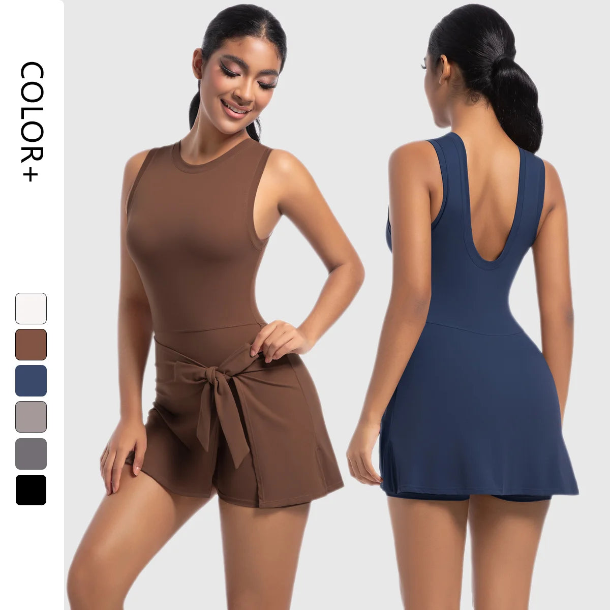 Women's High Stretch One Piece Gym Sportswear Yoga Tennis Jumpsuit Front Logo Dress with Skirts Set