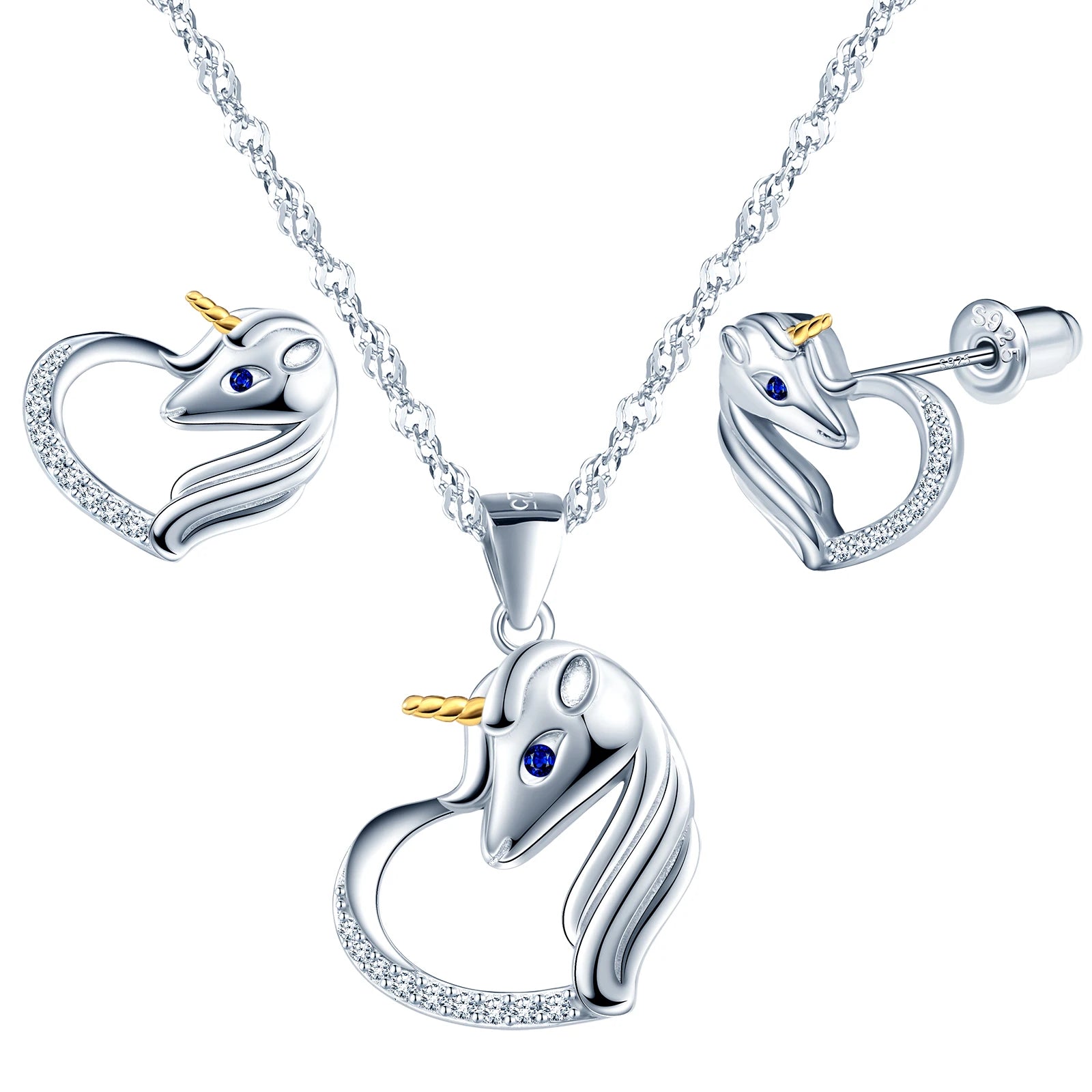 925 Silver Unicorn Jewelry Set for Kids Necklace Stud Earrings Jewellery Set