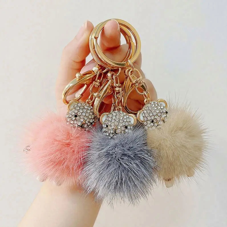 Wholesale Cute Animal Pom Pom Bling Crystal Rhinestone Teddy Bear Keychain Faux Fur Fluffy Bear Key Ring Women Charm Accessories