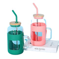 High Borosilicate Bamboo Lid Straw Silicone Sleeve Heat-Resistant Rectangle Glass Beverage Cup Anti-Fall Outdoor Carrying Cup