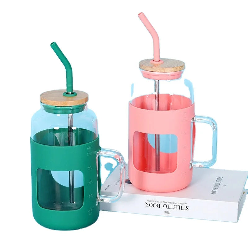 High Borosilicate Bamboo Lid Straw Silicone Sleeve Heat-Resistant Rectangle Glass Beverage Cup Anti-Fall Outdoor Carrying Cup