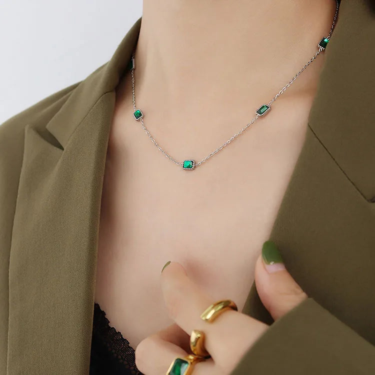 NS1272 18K Gold Gemstone Zircon Emerald Green CZ Choker Green Zirconia Station Silver Thin Chain Necklace Dainty Choker