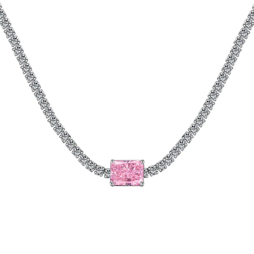 Non Rust Pure Silver Jewelry 925 Sterling Silver Chunky Tennis Chain Square Zircon Choker Necklace for Women Girls