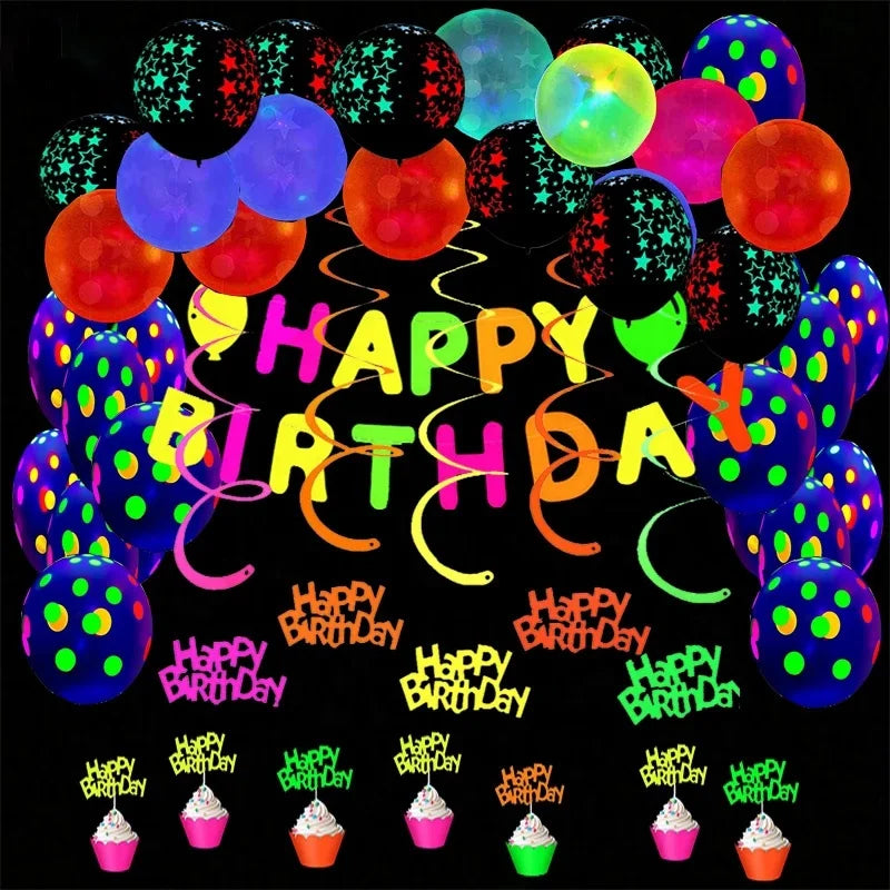 Glow Neon Birthday Party Decoration Black Light Reactive Party Neon Cupcake Toppers Neon Happy Birthday Cupcake Wrappers