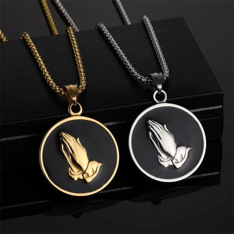Vintage Prayer Hands Religious Gold Plated Cross Stainless Steel Pendants Fashion Jewelry Necklaces Christian Male Men Women