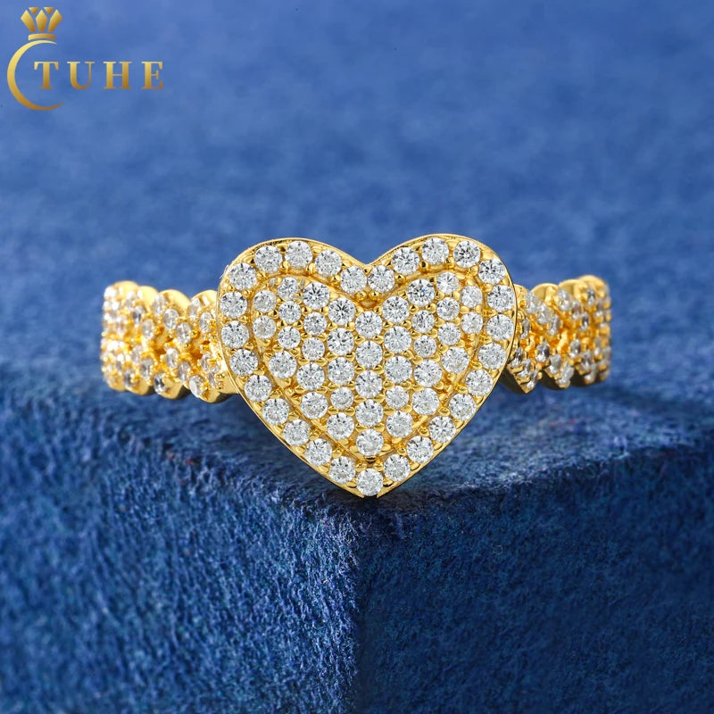Fashion Anniversary Gift Sparkling Jewelry 925 Sterling Silver VVS Moissanite Diamond Iced Out Heart Finger Ring