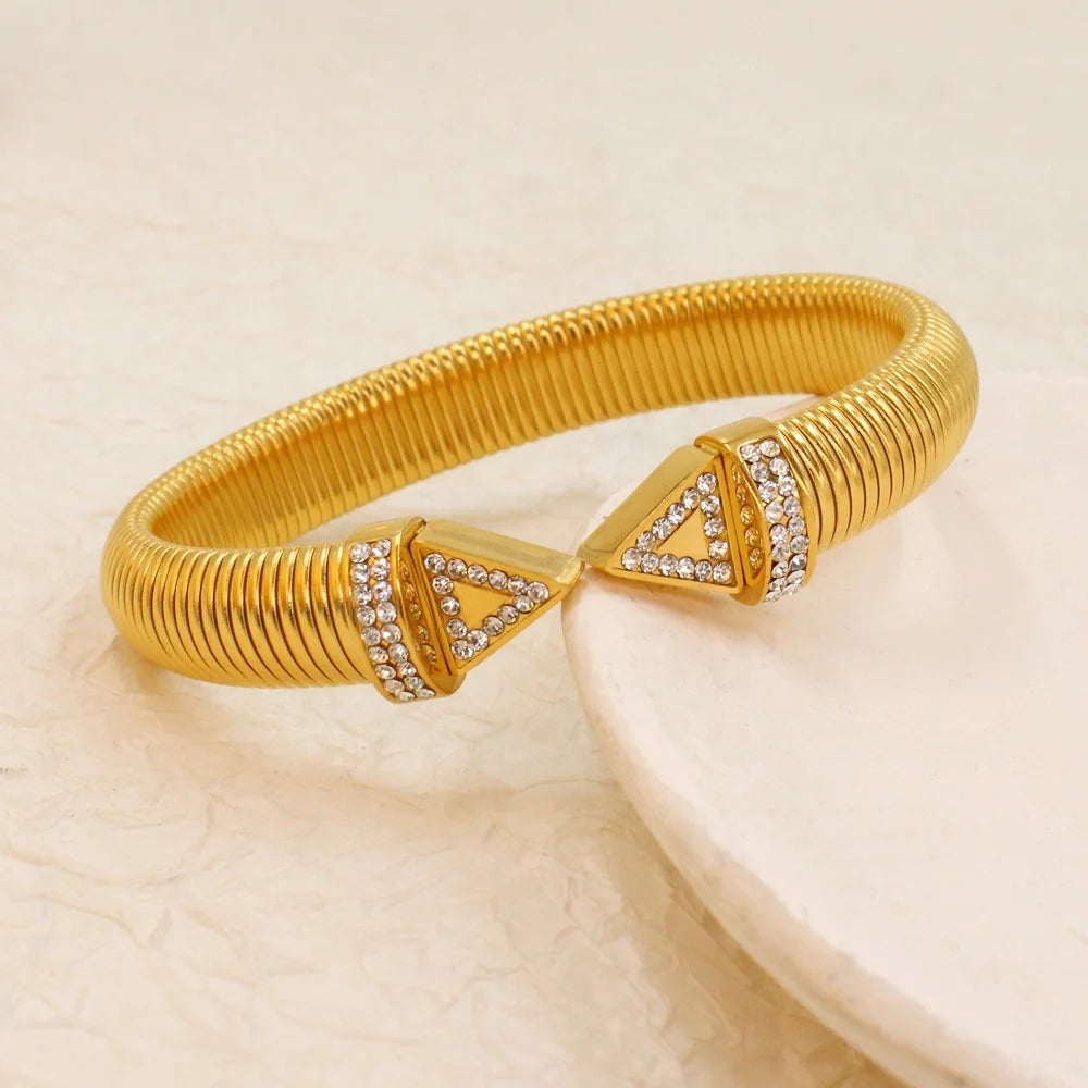 Wholesale High Quality Fashion Jewelry 18K Gold Stainless Steel Chunky Bangles Snake Bone Chain Zircon Open Bracelet for Women