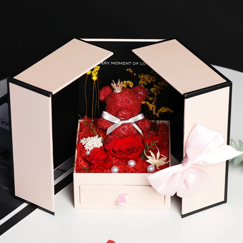 AYOYO Surprise 2025 Valentine's Day Gift Eternal Bouquet Gift Box Real Dried Rose Flowers Eternal Flower Bear Jewelry Box