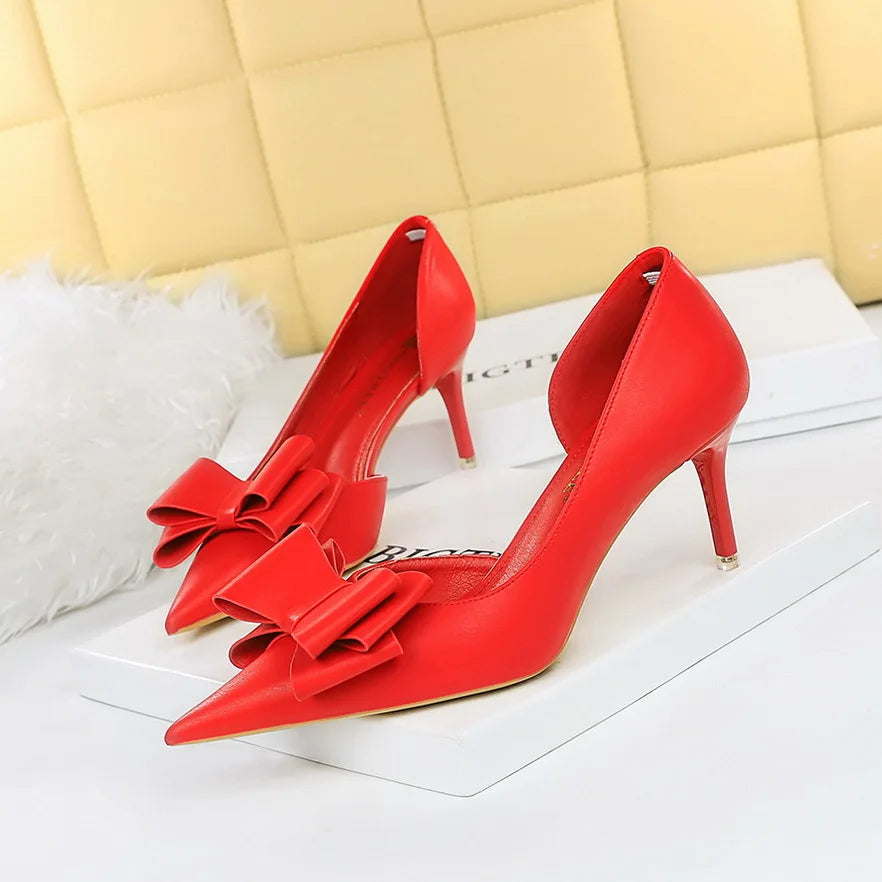 3168-A2 7.5CM High Heels Shoes for Women Sweet Bow Tie Shallow Out Pointed Toe Women Pumps Shoes Stiletto Heels for Ladies
