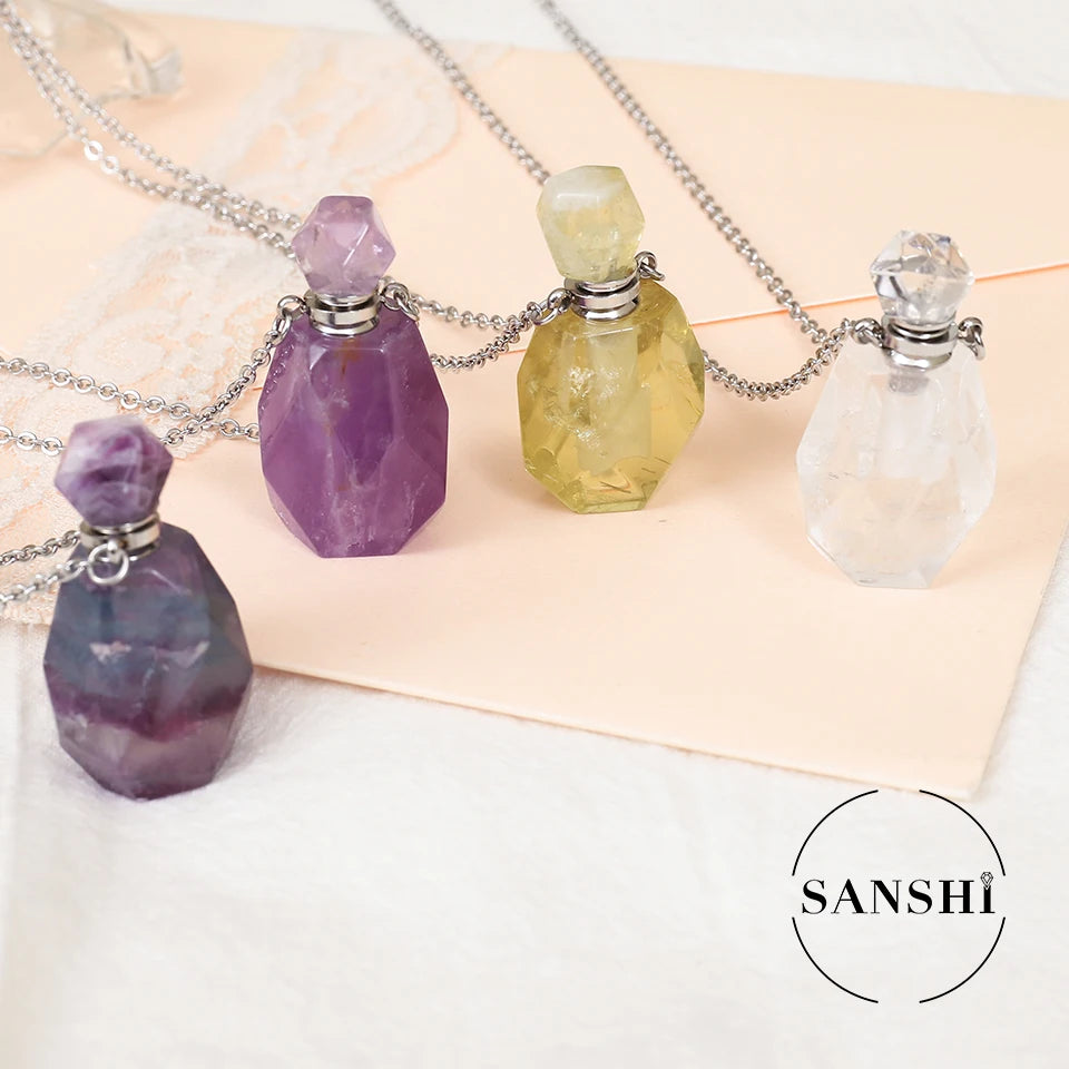 New Amethyst Rose Quartz Pendant Perfume Bottle  Stainless Steel Chain Natural Healing Crystal Perfume Bottle  Necklace