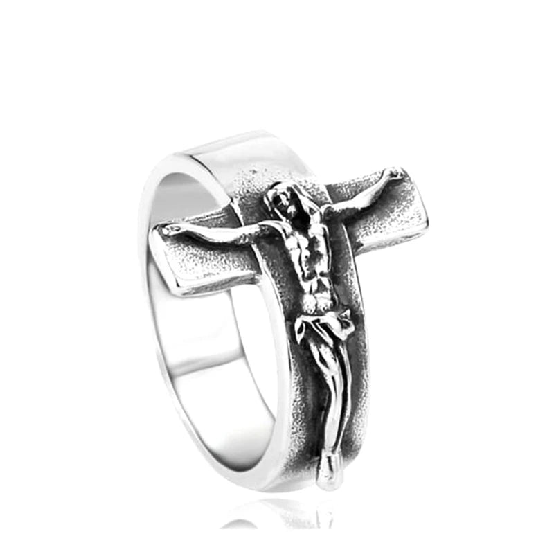 Vintage Silver Jesus Cross Rings Stainless Steel Silver Gold Crucifix Rings for Men Women