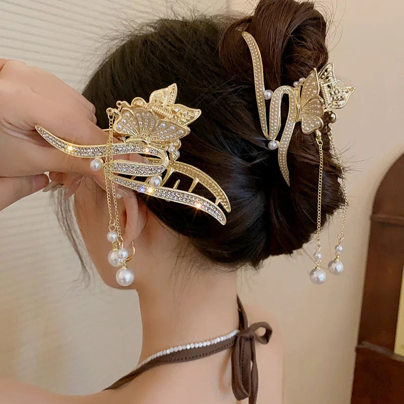 Elegant Ladies Gold Plated Flower Pearl Tassel Hair Clips Claw Fashion Accessories Women Shiny Diamond Crystal Flower Hair Claws