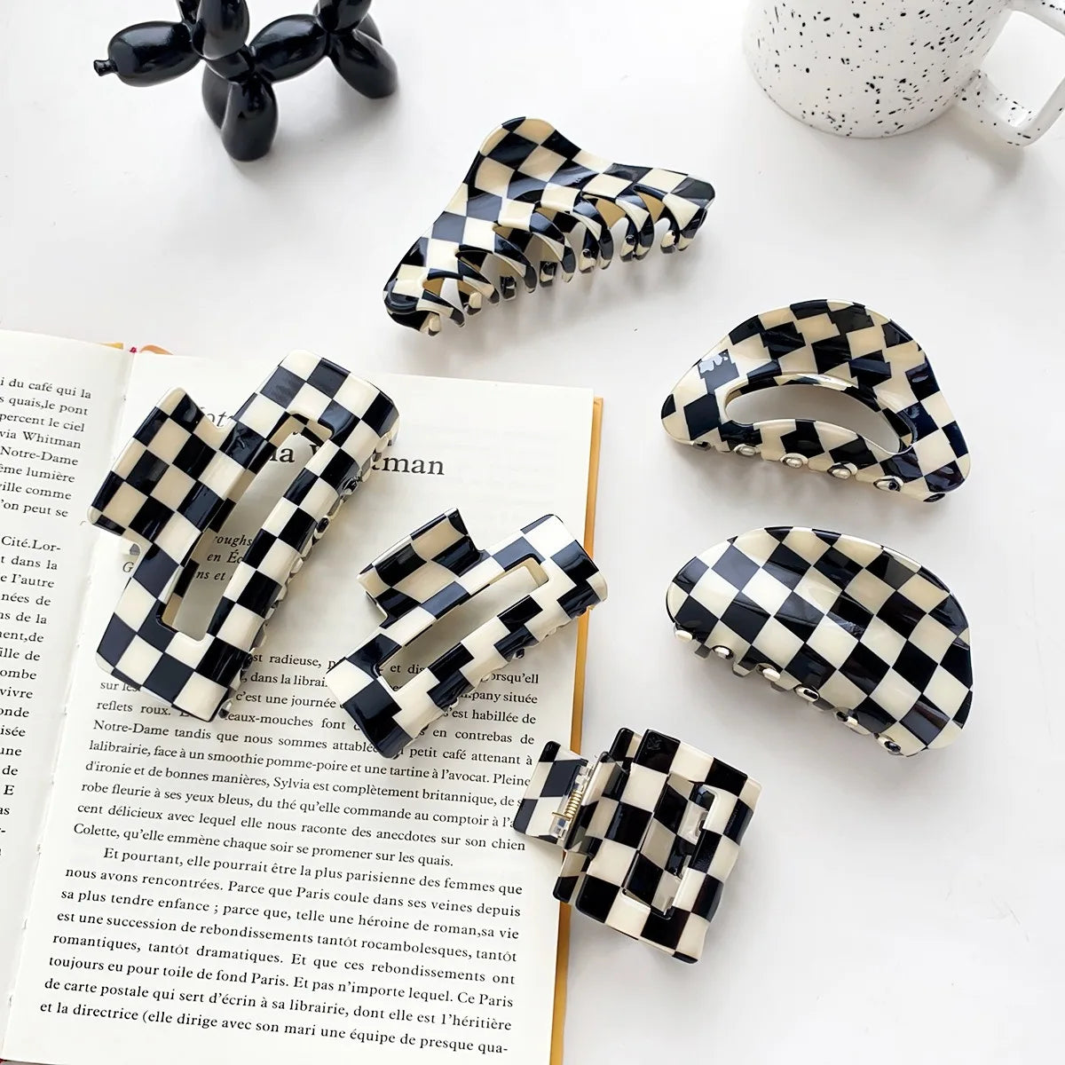 Wholesale Fashion Checkered Hair Clips Large French Acetate Hair Claw Clips Square Black and White Checkered Hair Claw Set