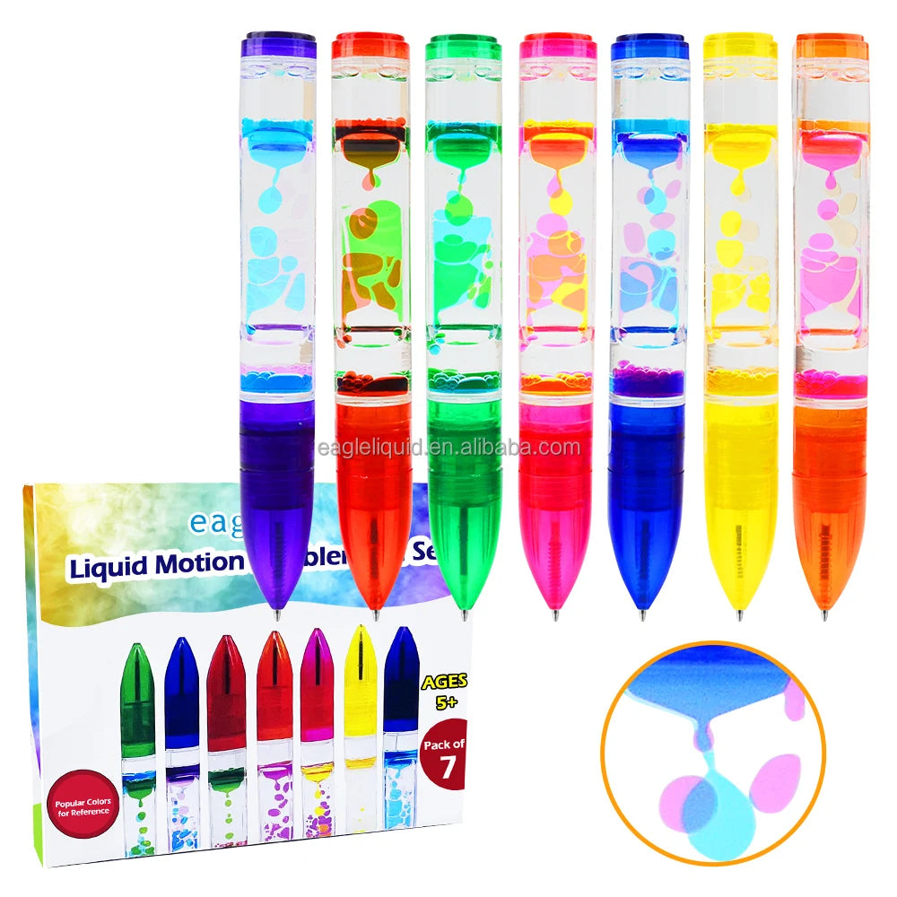 Liquid Motion Bubbler Toy Cool Pens 7-Pack Colorful Hourglass Timer with Droplet Movement Sensory Play Liquid Timer Pen
