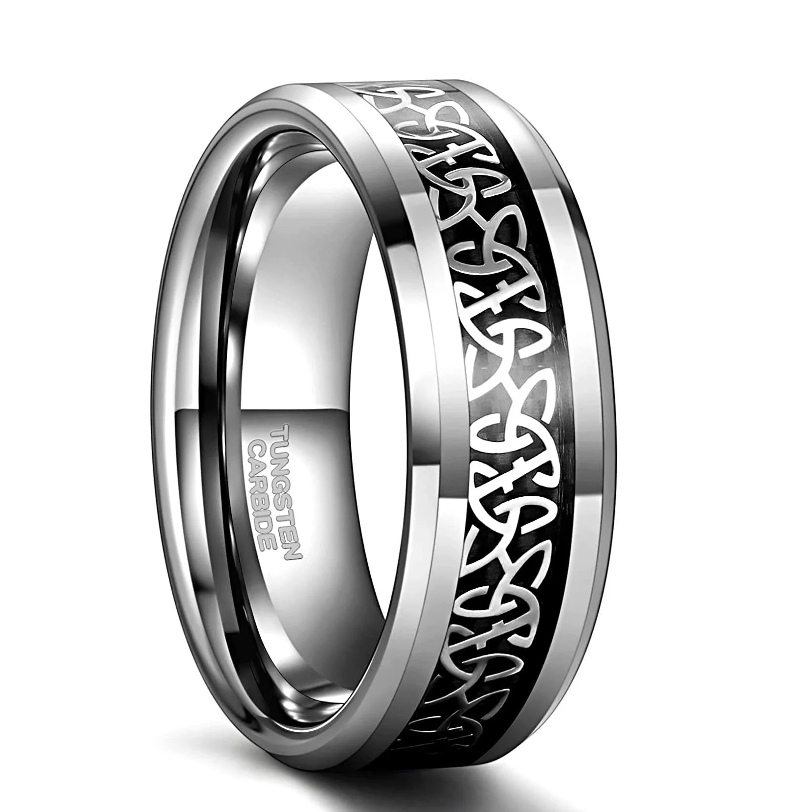 OAHLAN 6mm/8mm Celtic Knot Black Carbon Fiber Inlay Silver Beveled Edge Tungsten Carbide Rings for Men Women Wedding Engagement