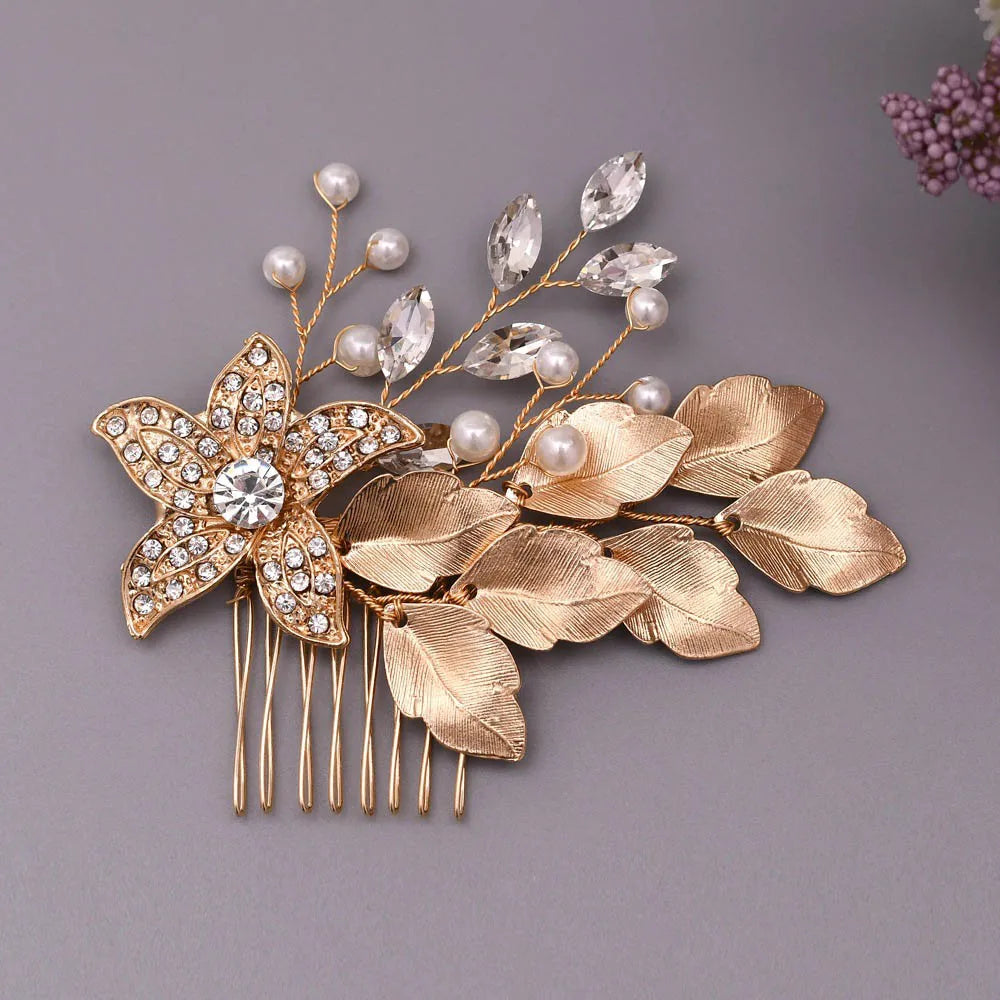 Genya Metal Flower Leaves Retro Crystal Sweet Style Bridal Hair Comb Insert Hair Jewelry