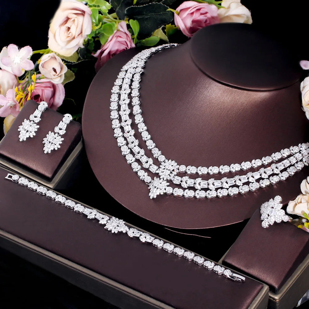 4pcs Necklace Earrings Bracelet Ring Women Zirconia Multiple Layer Wedding Jewelry Set for Bridal Luxury Costume Accessories