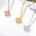 Trendy Gold Plated 316L Stainless Steel Diamond Shaped Hollow Inlaid Zircon Link Chain Pendant Necklace for Women Anniversary