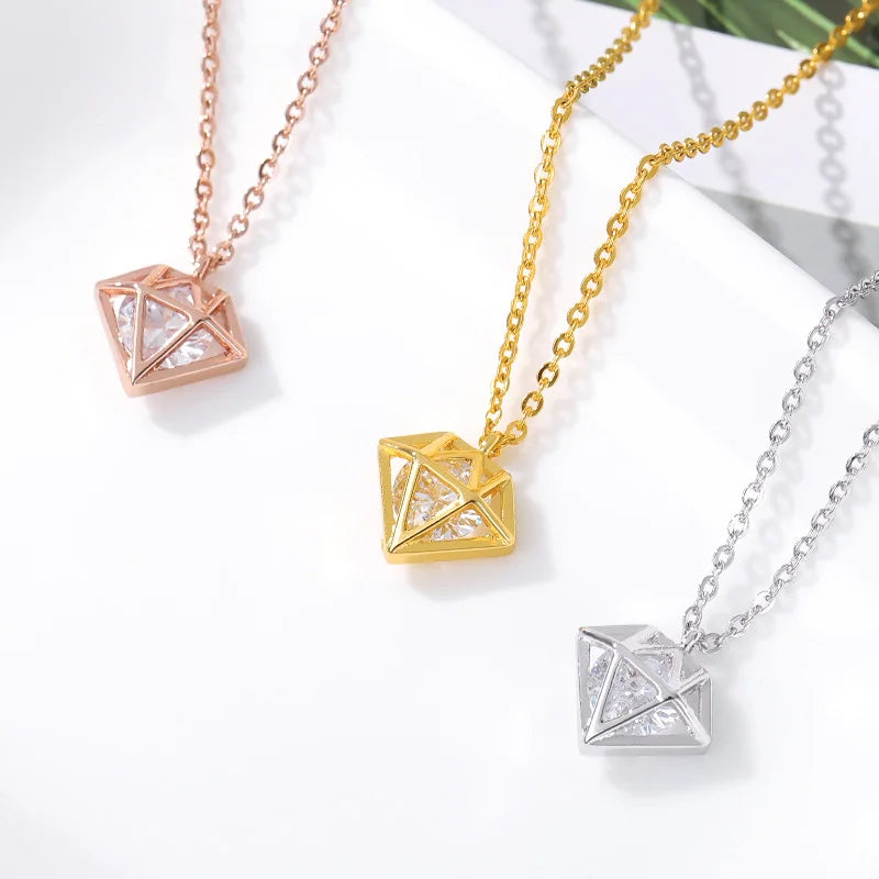 Trendy Gold Plated 316L Stainless Steel Diamond Shaped Hollow Inlaid Zircon Link Chain Pendant Necklace for Women Anniversary