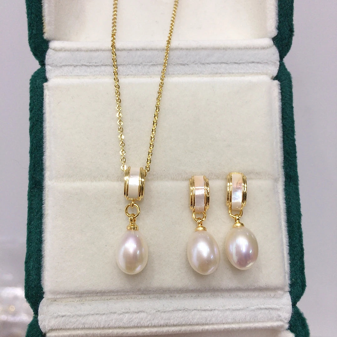 Sea Shell Drop Shape Natural Freshwater Pearl Necklace Earrings Jewelry Pearl Set