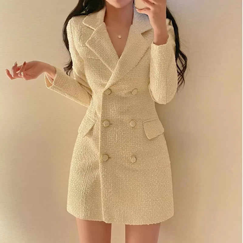 Boutique Wholesale 2026 Autumn New Style Temperament Double Breasted Waist Slimming Long Sleeved Coarse Tweed Women's Dress