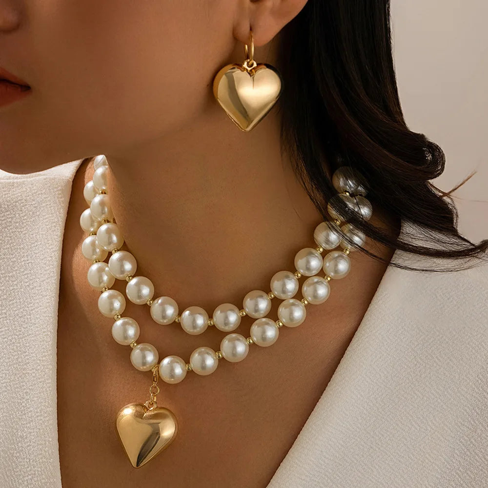 Women's Cyber Style Peach Heart Necklace Earrings Set Gold Plated Fine Fashion Jewelry for Weddings Simple Temperament