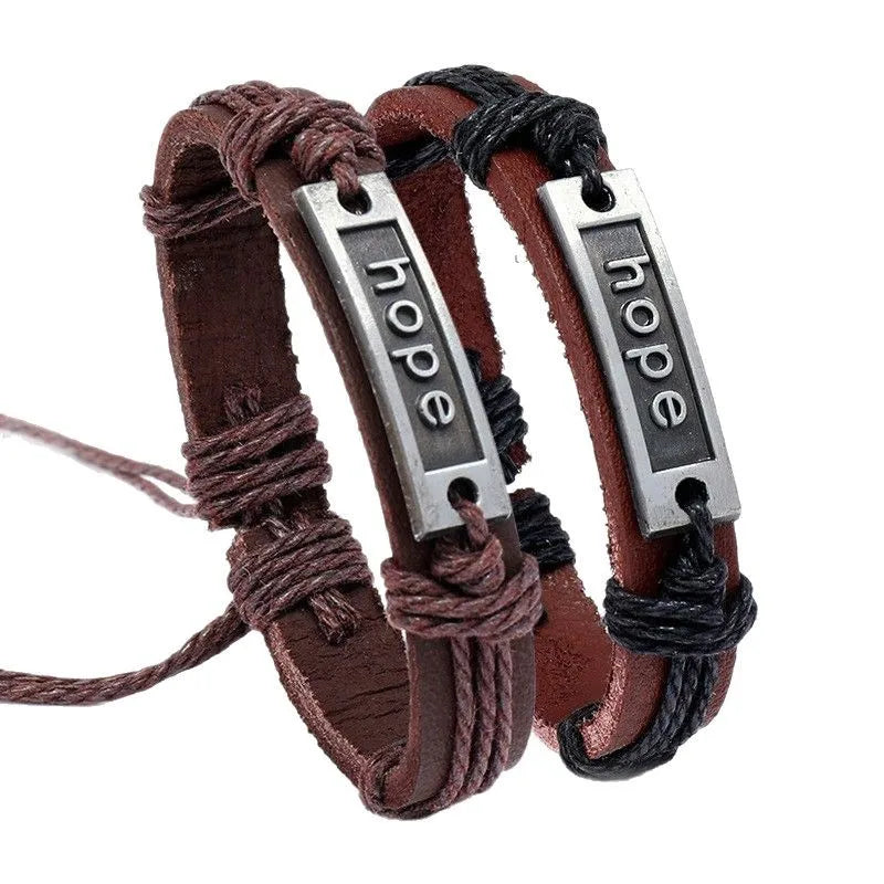 Vintage Hope Alloy Braided Leather Bracelet Men's Fashion Handmade Bracelet Accessories