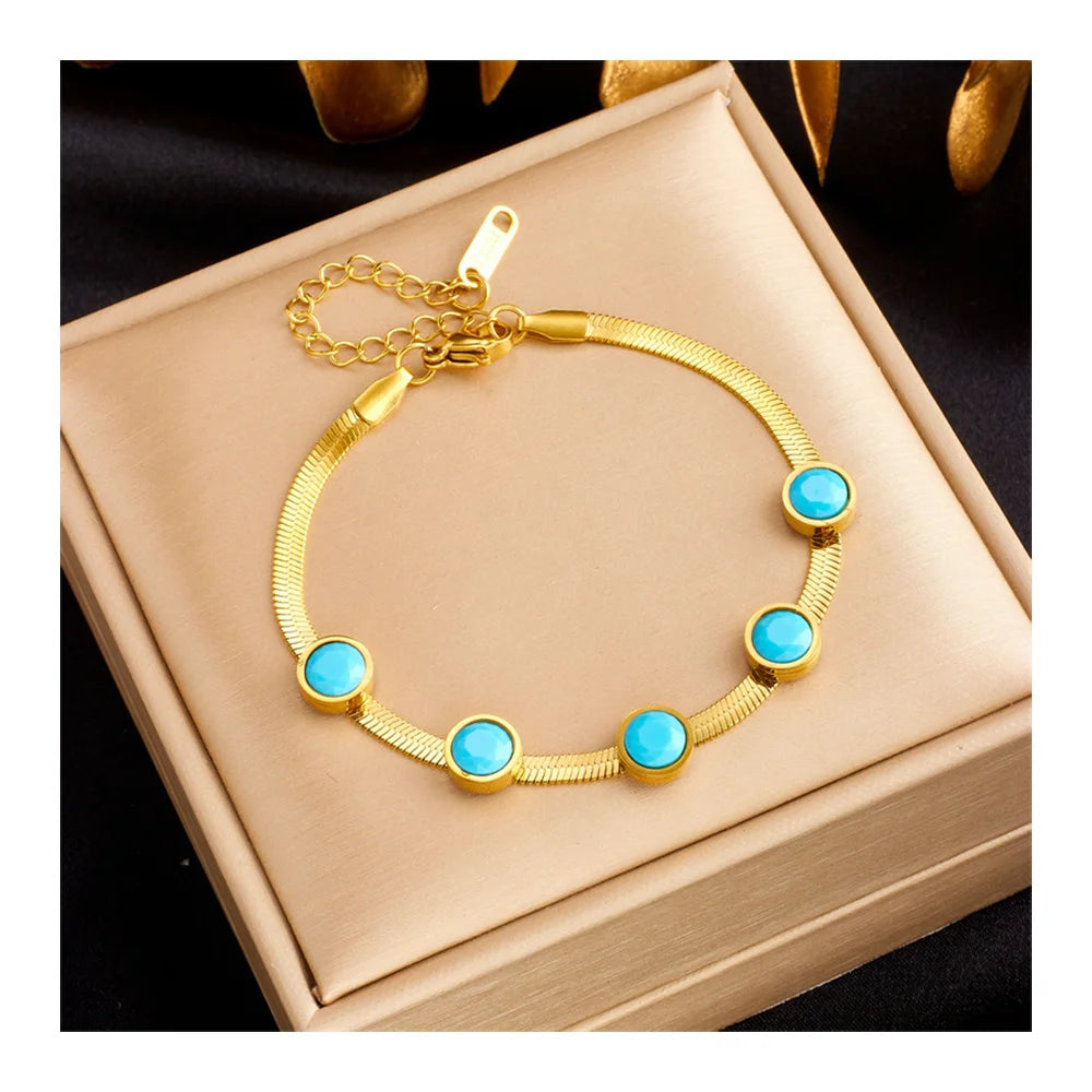 Fashion Snake Chain 18k Gold Plated Tarnish Free Stainless Steel Turquoise Bracelet for Women
