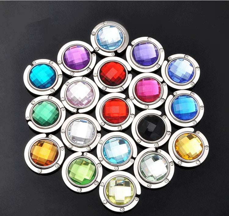 Portable Folding Rhinestone Crystal Hanger Holder for Purse Handbag Zinc Alloy and Acryl Plate Plated Finish