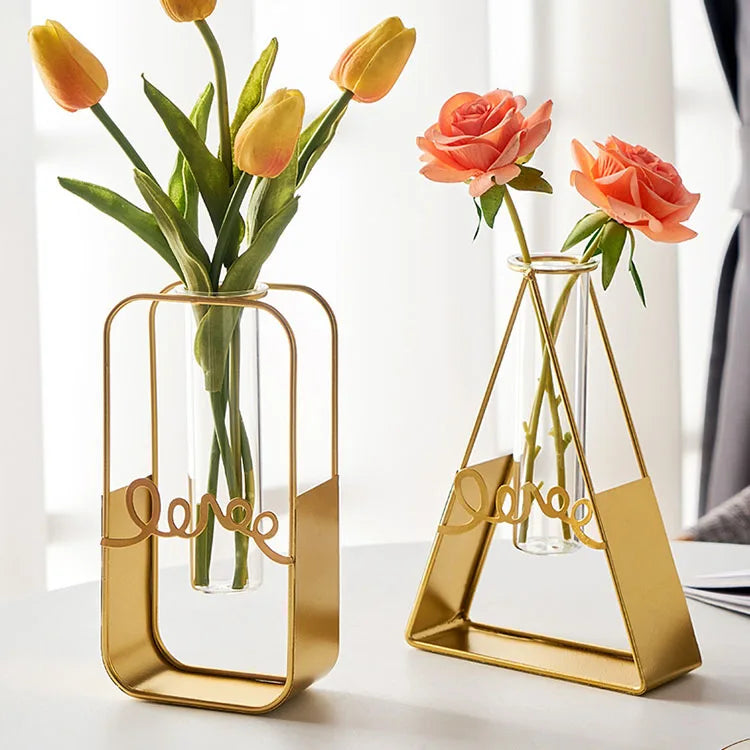 Nordic Desktop Transparent Living Room Dining Table Hydroponic Vases Decorative Bottle Metal Glass Vase