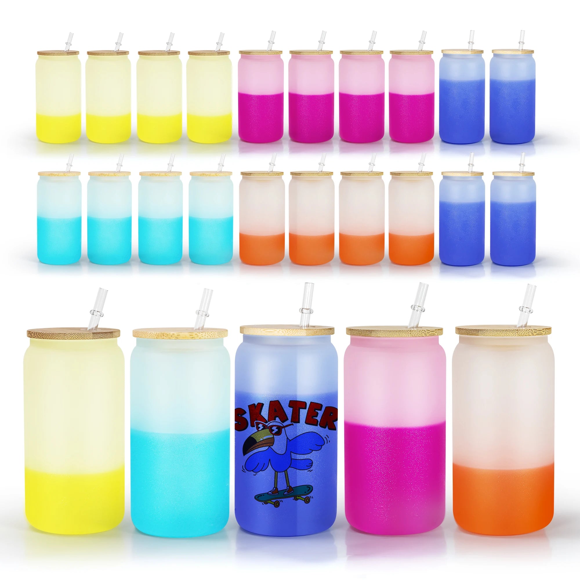 Wholesale 16oz Blank Sublimation Cold Color Change Glasses Cups Beer Glass Can with Bamboo Lid and Straw