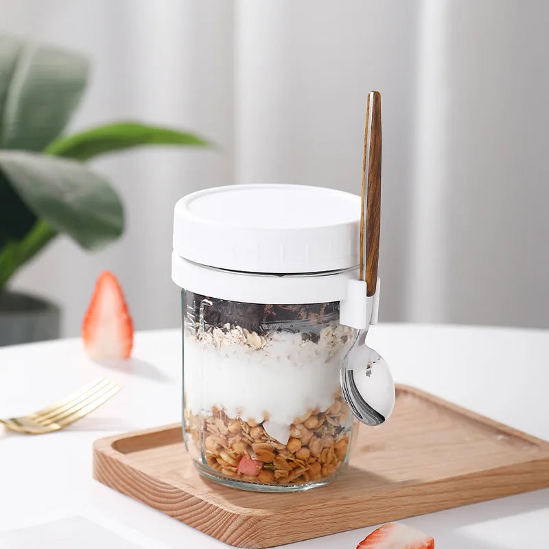 Clear Glass Mason Cup Simple Portable Cereal Cup with Spoon Lid Yogurt Scale Cup