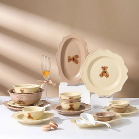 Cream Bear Ceramic Tableware Soup Bowls Plate Dish Rice Bowl Water Cup Household Porcelain Dinnerware Set