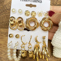 VKME Trendy Geometric Hoop Earrings for Women Gold Twist Earring Set Mixed Designs Pearl Acrylic Alloy Flower Stud Earrings