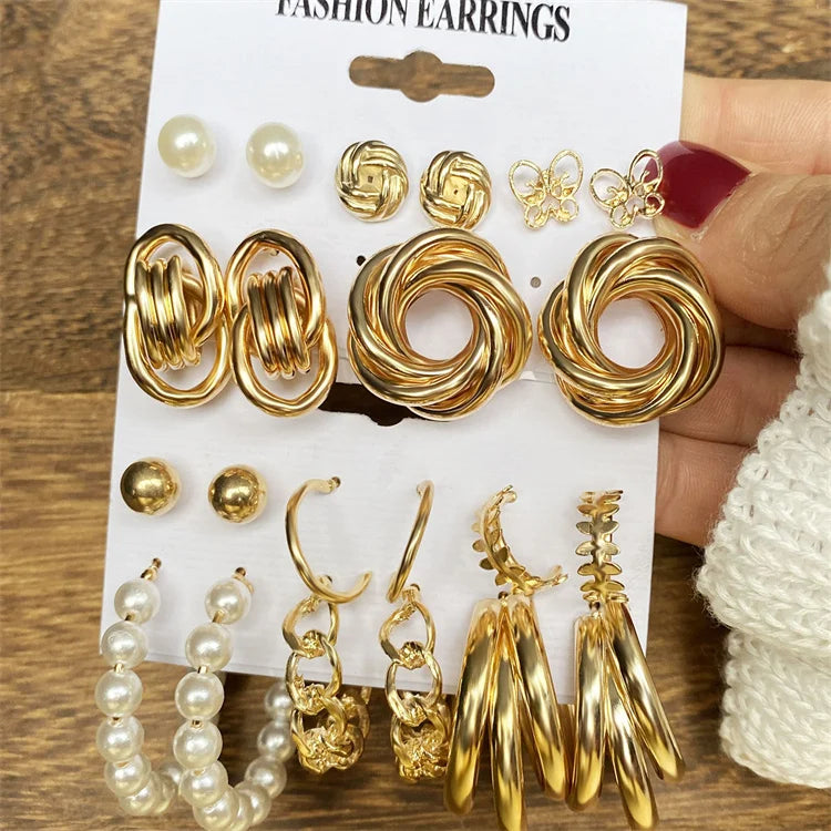 VKME Trendy Geometric Hoop Earrings for Women Gold Twist Earring Set Mixed Designs Pearl Acrylic Alloy Flower Stud Earrings