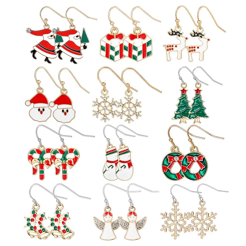 Christmas Jewelry Gift 18K Gold Plated Enamel Christmas Tree Candy Cane Reindeer Snowflake Design Girl's Drop Dangling Earrings