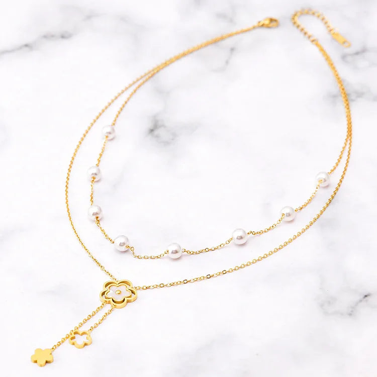 Fashion Multi Layer Chain Jewelry Custom Women Cute Necklaces Stainless Steel 18K Gold Plated Pearl Shell Flower Necklace