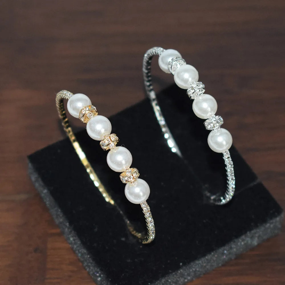 Personalized Thin Chain Bracelet Fashion Open Micro Pave Crystal Pearl Charm Bracelet for Women Bride Engagement Wedding Jewelry