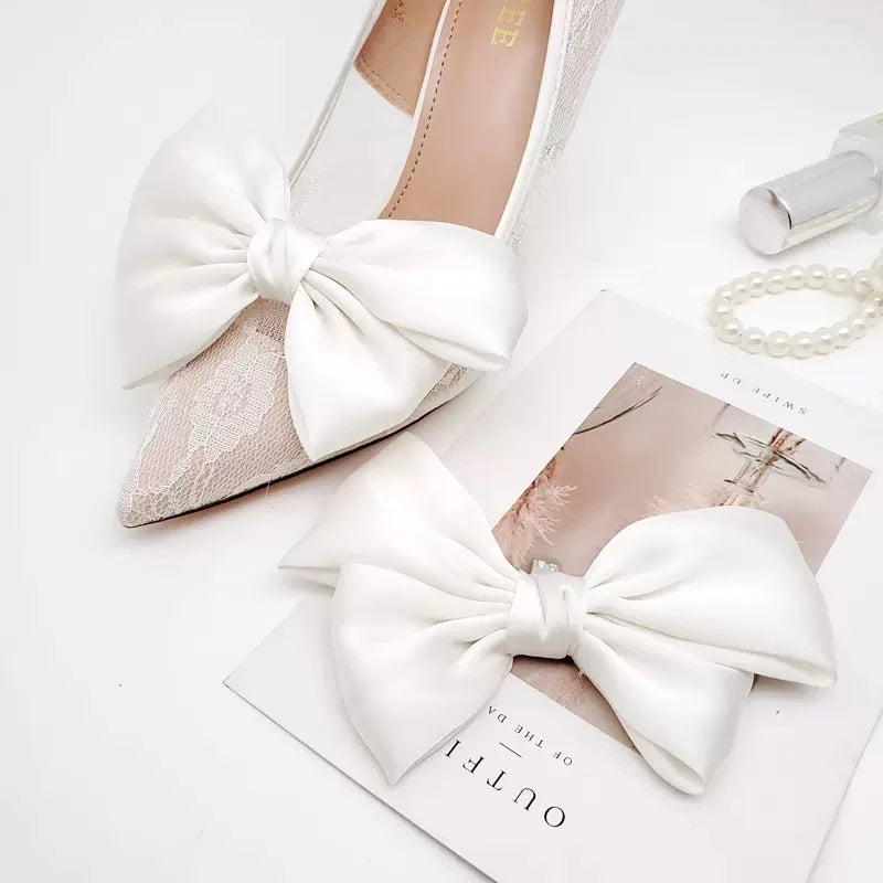Ivory Satin Ribbon Grosgrain Bowtie Bridal Designer Shoe Bow Clip Buckle for Wedding Shoe Decoration