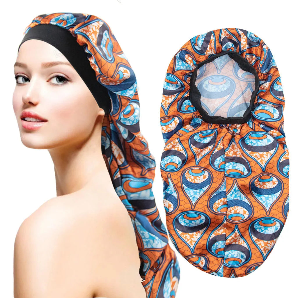 Luxury Extra Long Elastic Silky Large Shower Cap Hair Bonnets Sleeping  Cap Women  Satin  for Braids  Curly  Long  Hair