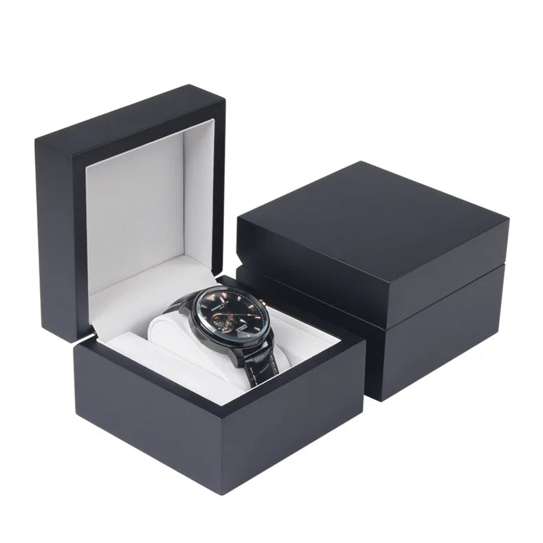 Customized Logo Single Watch Box Display Organizer Case Black Lacquered Matte Finish Square Shape for Retail
