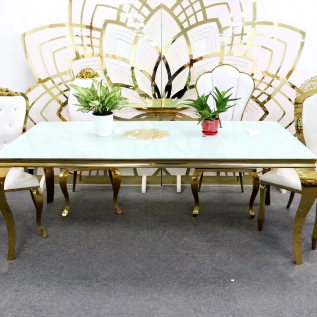 Modern Design Restaurant Stainless Steel Frame White Glass Table Top with Good Quality Wedding Table for Event Dinning