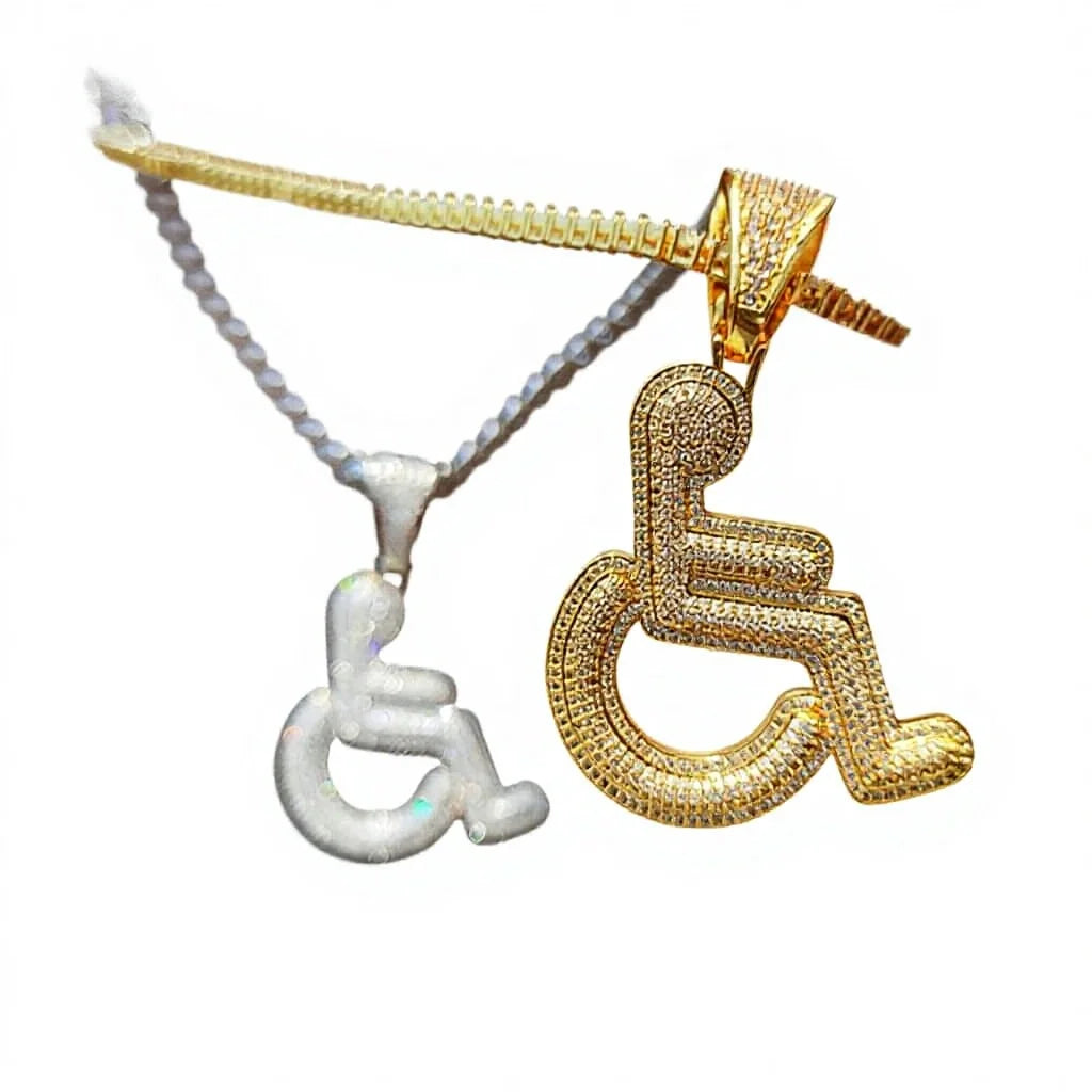 Bling Iced Out Zircon Gold Plated Brass Wheelchair Logo Pendant Necklace for Men Hip Hop Trendy Jewelry