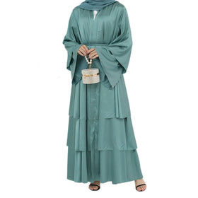 3 Layer Satin Open Abaya With Free Belt Ramadan Eid Dubai Modest Kimono Long Dress for Muslim Women