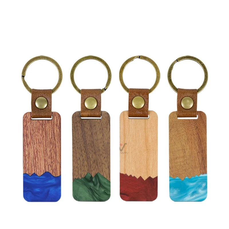 Handmade Green Blue Keychain Unique Wood Disc Resin Epoxy Key Ring