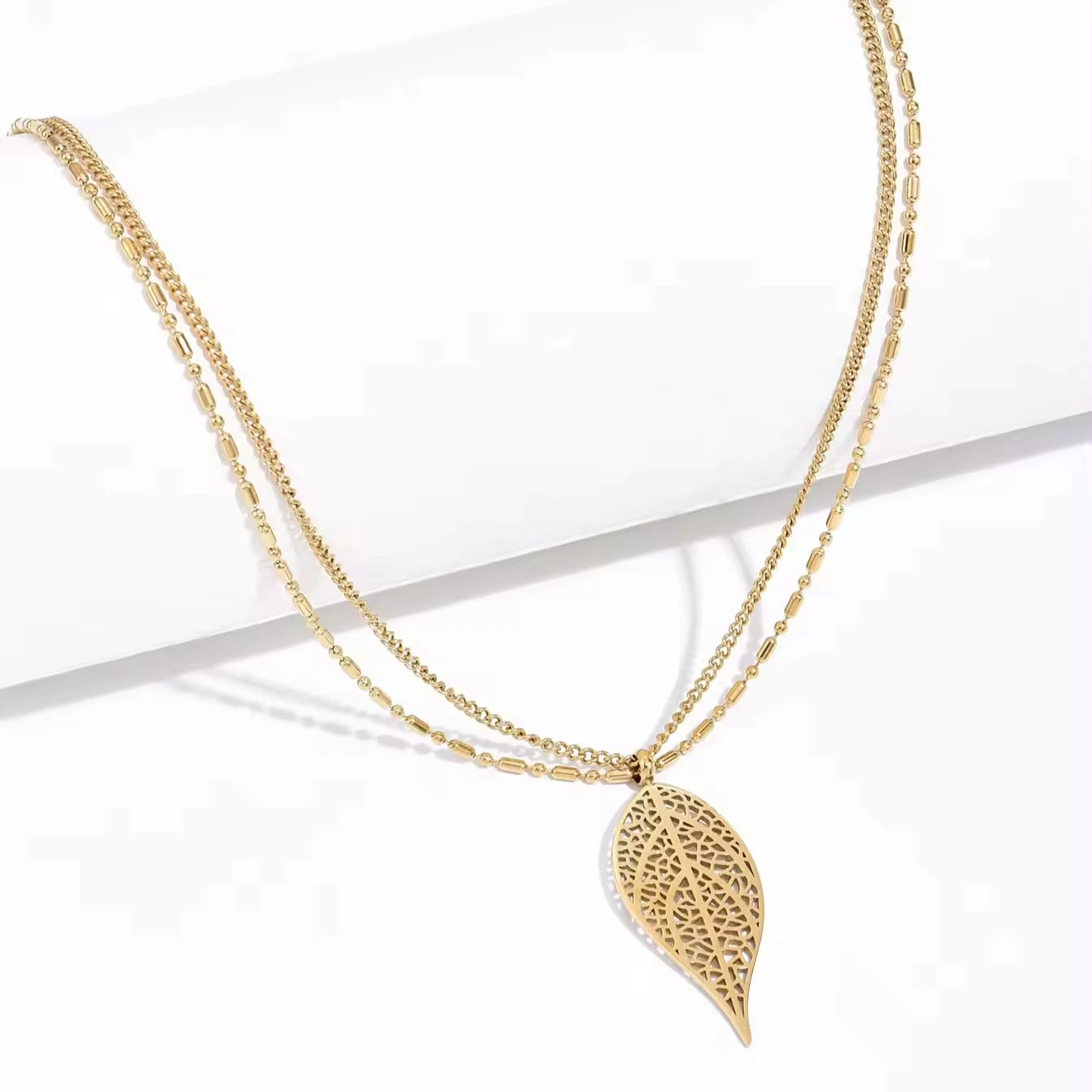 Unique Wholesale 18K Gold Plated Leaf Pendant Stainless Steel Double Layer Ball Beads Chain Necklaces Fashion Fine Jewelry